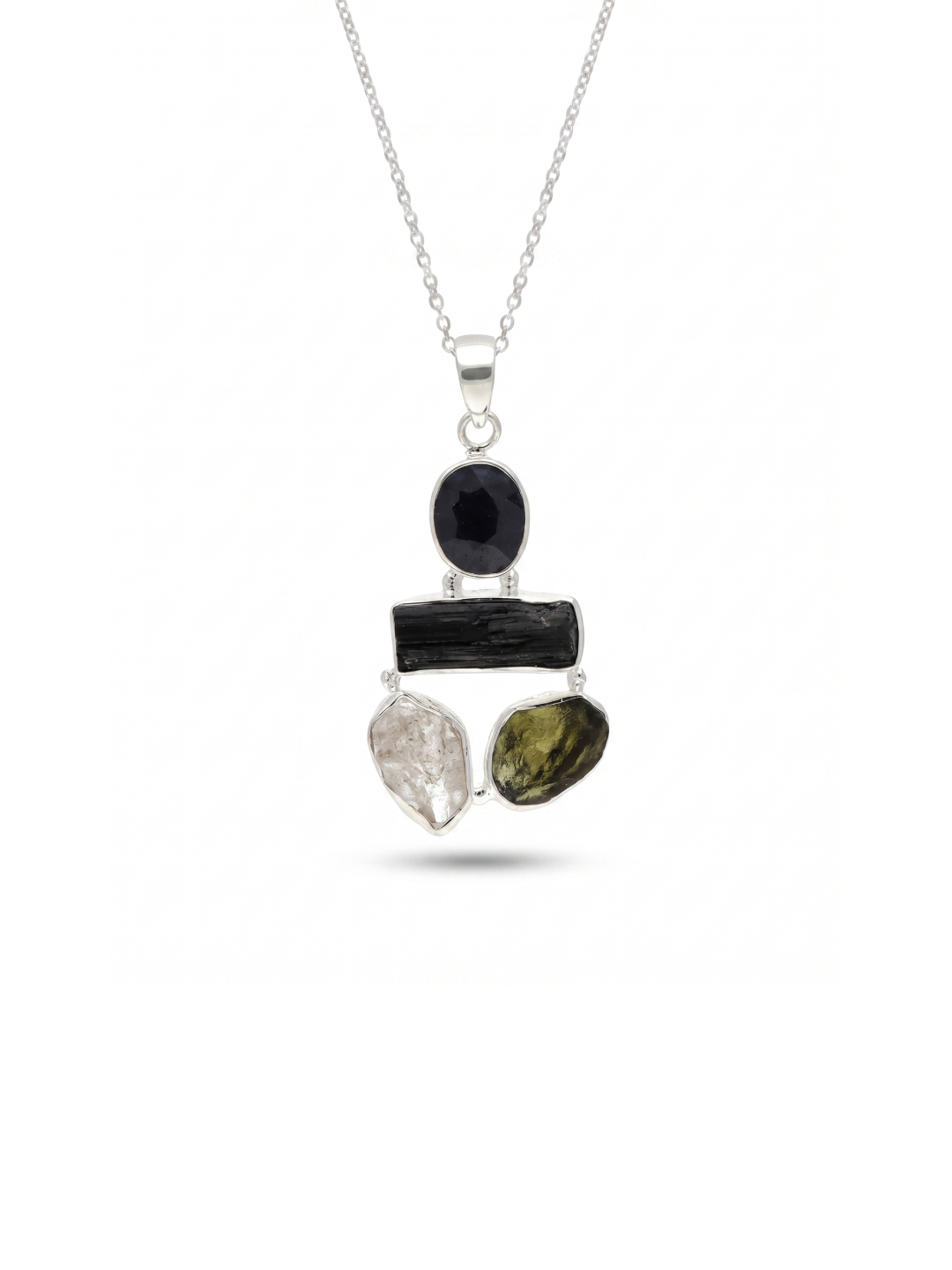 Moldavite Pendant, Black Tourmaline, Blue Sapphire, Herkimer Diamond Pendant, Sterling Silver Pendant, Handmade Pendant, Natural Moldavite