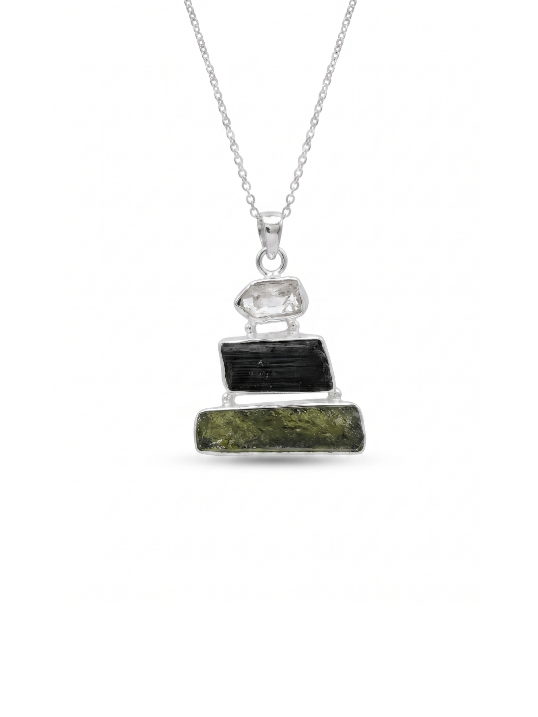 Moldavite Pendant, Black Tourmaline, Moldavite, Herkimer Diamond Pendant, Sterling Silver Pendant, Handmade Pendant, Natural Moldavite