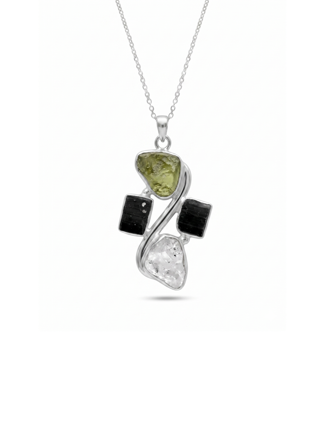 Moldavite Pendant, Black Tourmaline, Moldavite, Herkimer Diamond Pendant, Sterling Silver Pendant, Handmade Pendant, Natural Moldavite