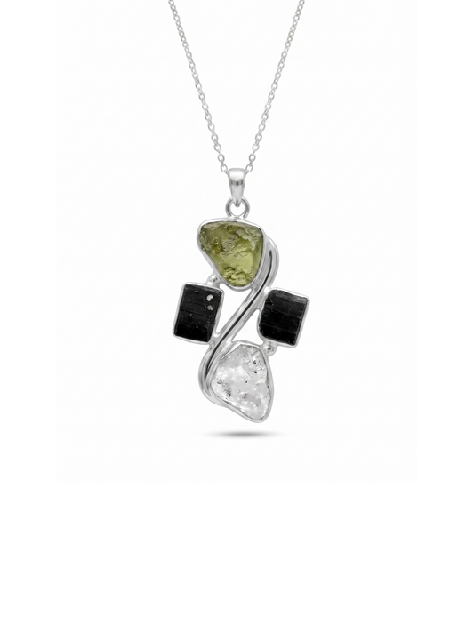 Moldavite Pendant, Black Tourmaline, Moldavite, Herkimer Diamond Pendant, Sterling Silver Pendant, Handmade Pendant, Natural Moldavite