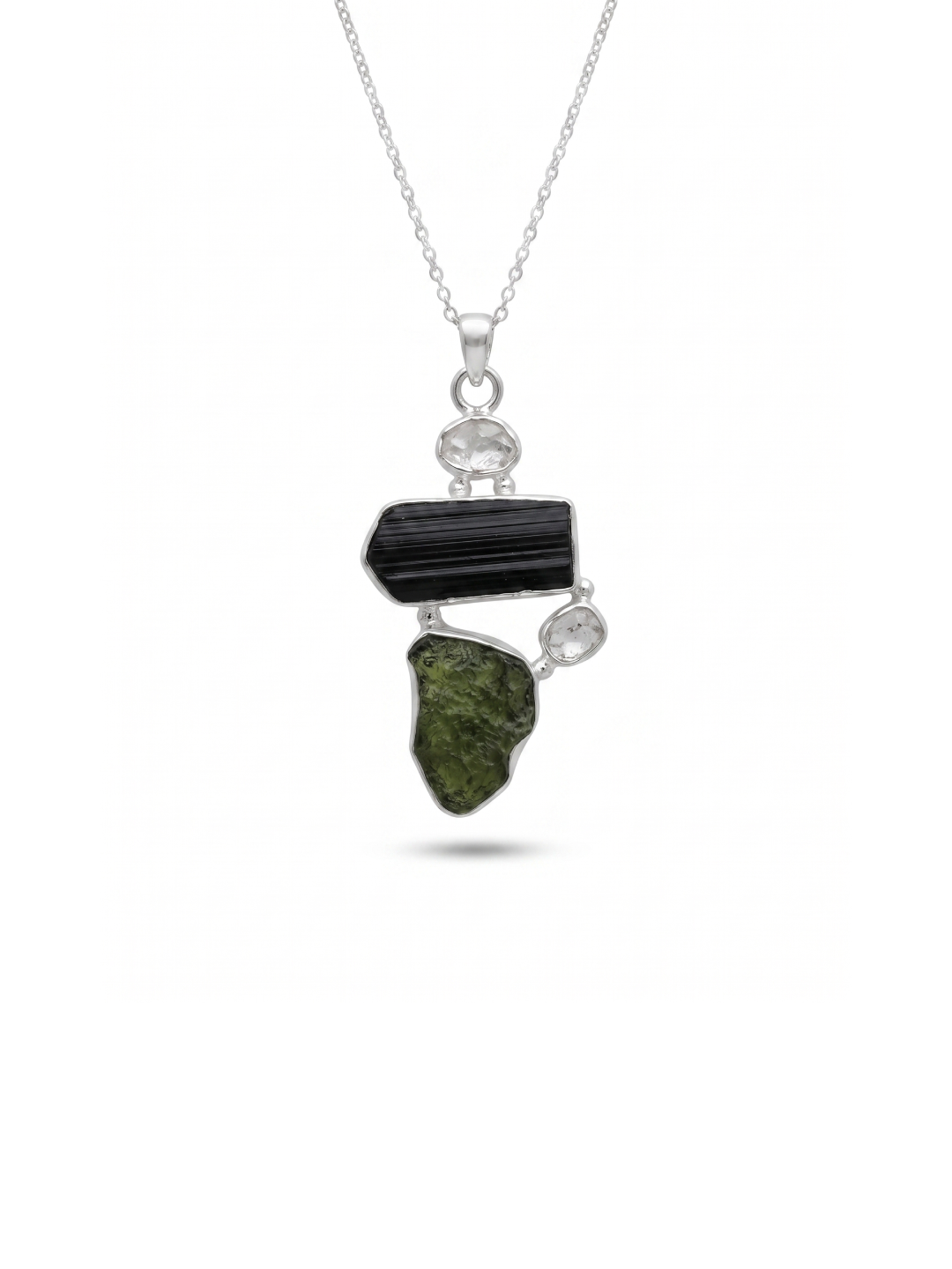 Moldavite Pendant, Black Tourmaline, Moldavite, Herkimer Diamond Pendant, Sterling Silver Pendant, Handmade Pendant, Natural Moldavite