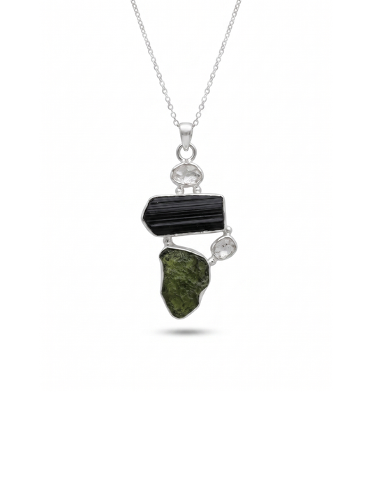 Moldavite Pendant, Black Tourmaline, Moldavite, Herkimer Diamond Pendant, Sterling Silver Pendant, Handmade Pendant, Natural Moldavite