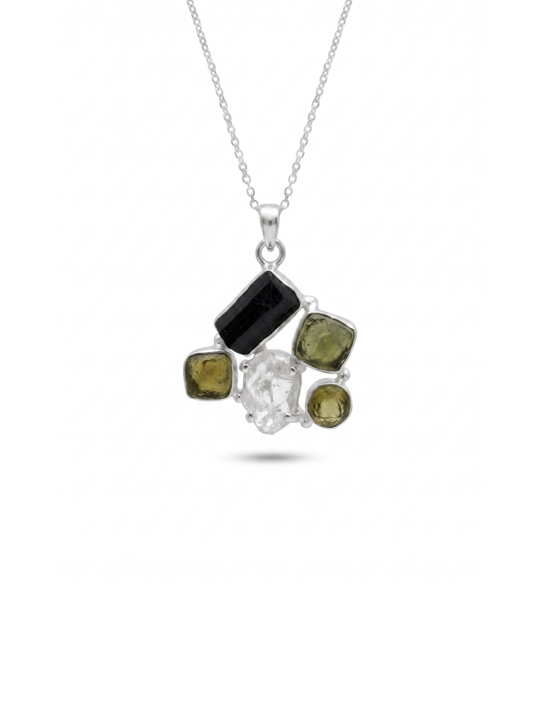 Moldavite Pendant, Black Tourmaline, Moldavite, Herkimer Diamond Pendant, Sterling Silver Pendant, Handmade Pendant, Natural Moldavite