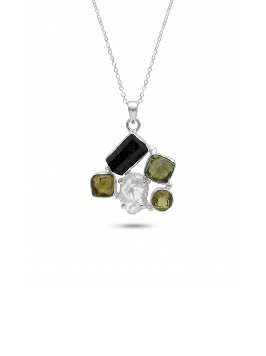 Moldavite Pendant, Black Tourmaline, Moldavite, Herkimer Diamond Pendant, Sterling Silver Pendant, Handmade Pendant, Natural Moldavite