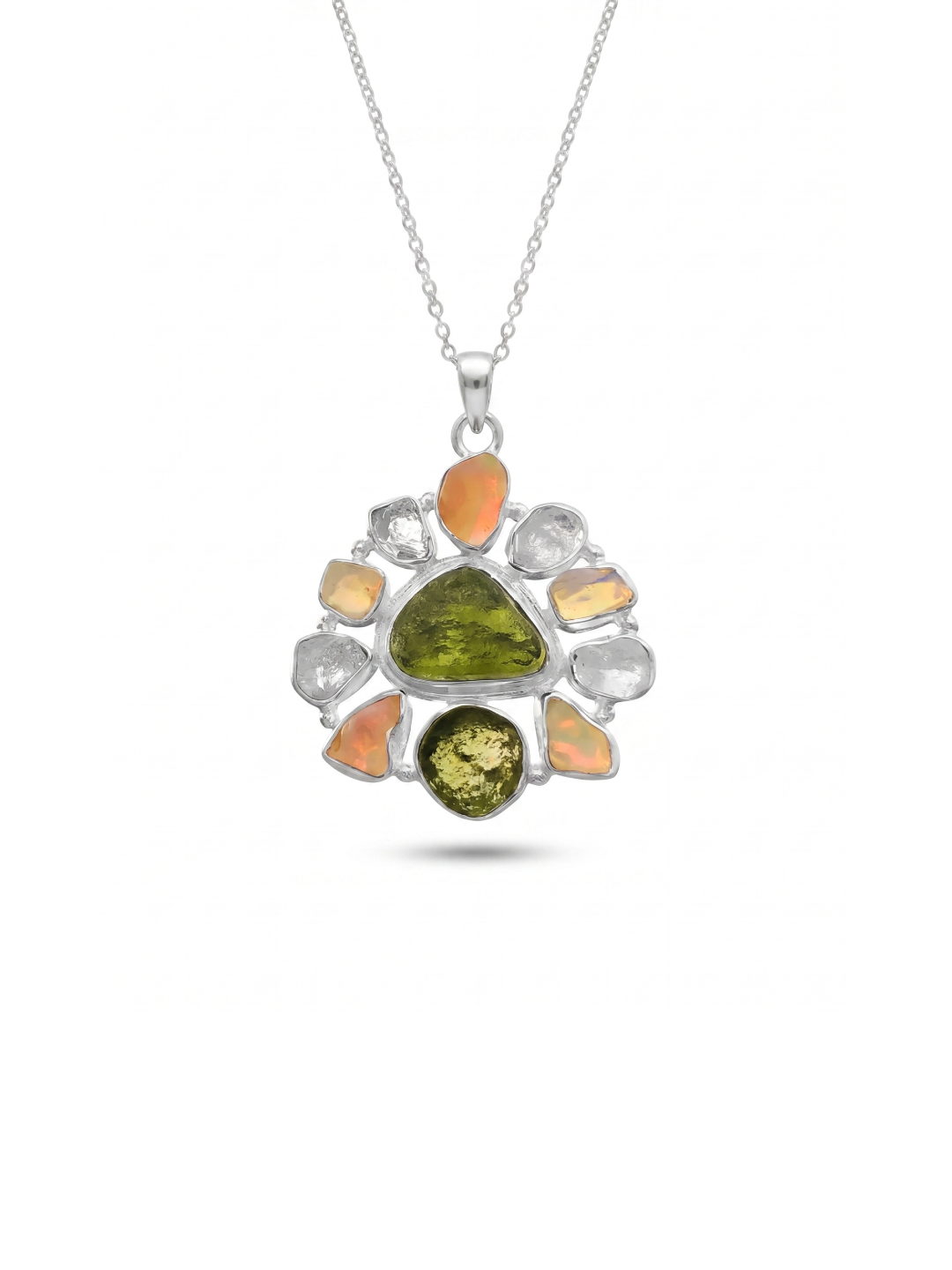 Moldavite Pendant, Czech Moldavite, Herkimer Diamond, Opal Pendant, Sterling Silver Pendant, Handmade Pendant, Natural Moldavite