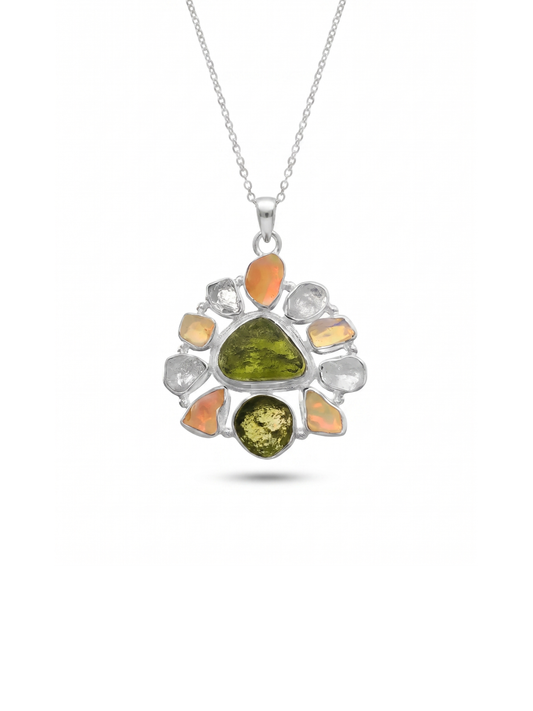 Moldavite Pendant, Czech Moldavite, Herkimer Diamond, Opal Pendant, Sterling Silver Pendant, Handmade Pendant, Natural Moldavite