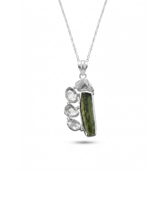 Moldavite Pendant, Czech Moldavite, Herkimer Diamond, Opal Pendant, Sterling Silver Pendant, Handmade Pendant, Natural Moldavite