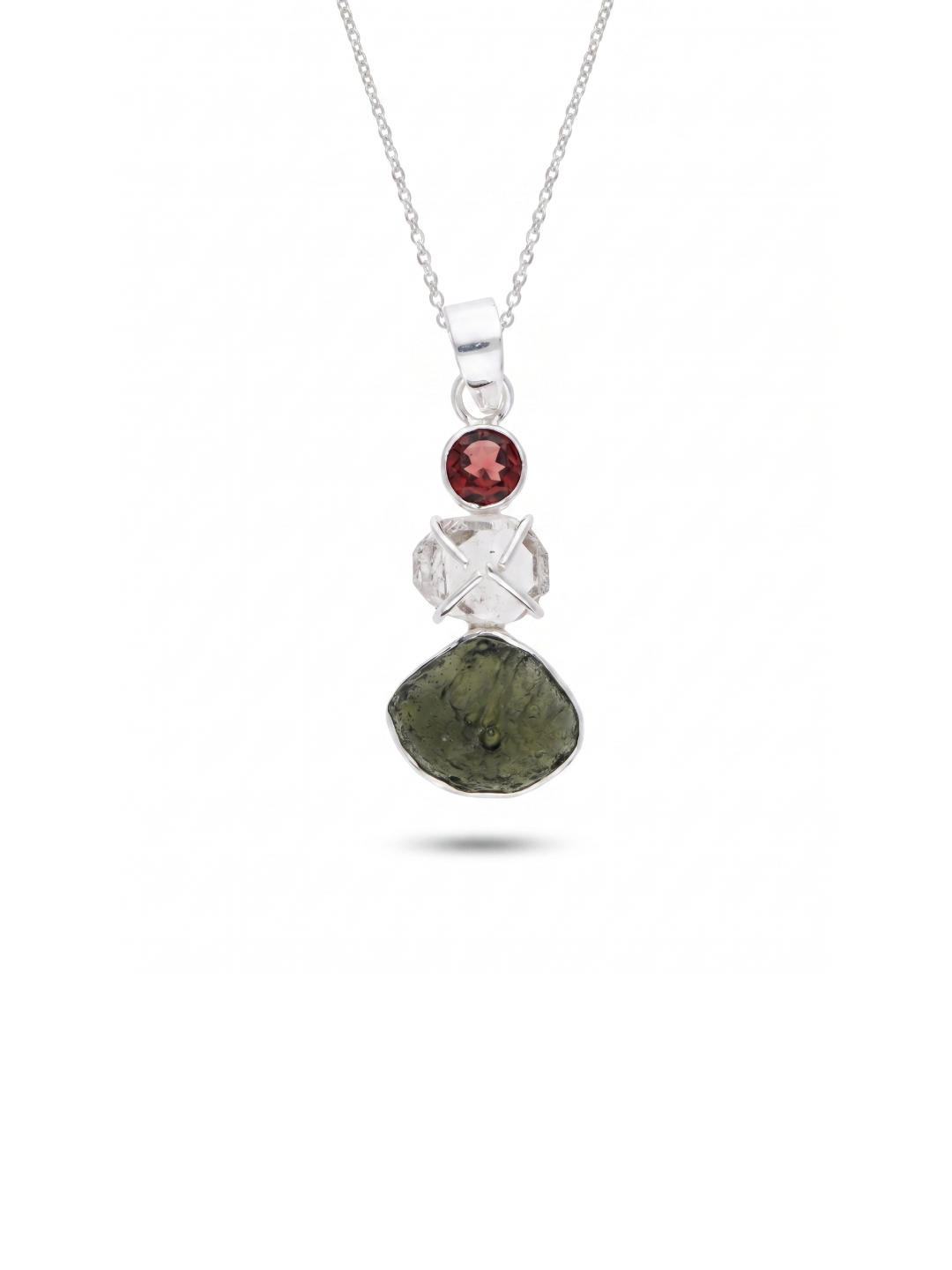 Czech Moldavite, Herkimer Diamond & Garnet Natural Gemstone 925 Solid Sterling Silver Handmade Jewelry Pendant