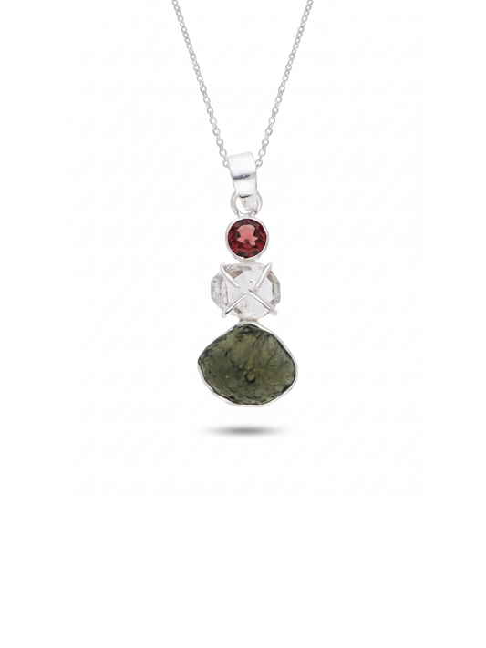 Czech Moldavite, Herkimer Diamond & Garnet Natural Gemstone 925 Solid Sterling Silver Handmade Jewelry Pendant