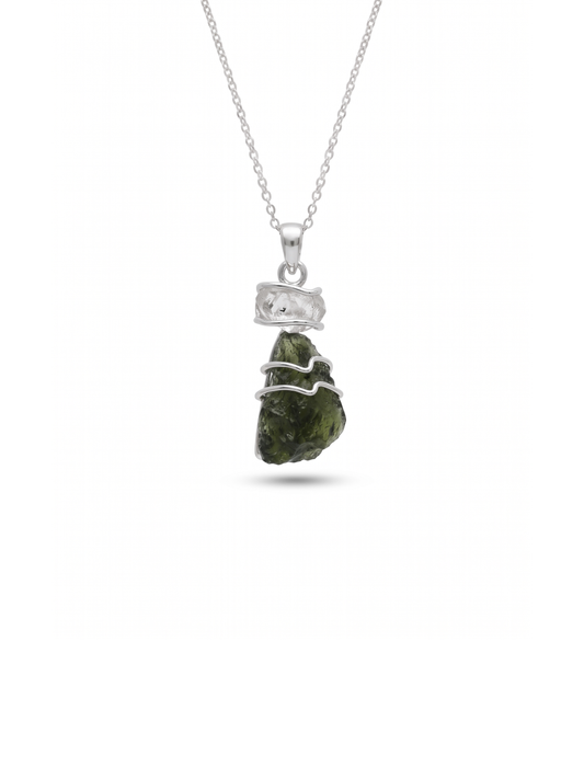 Genuine Moldavite & Herkimer Rough Pendant,  925 Sterling Silver Handmade Pendant, Moldavite Gemstone Pendant, Gift For Women's