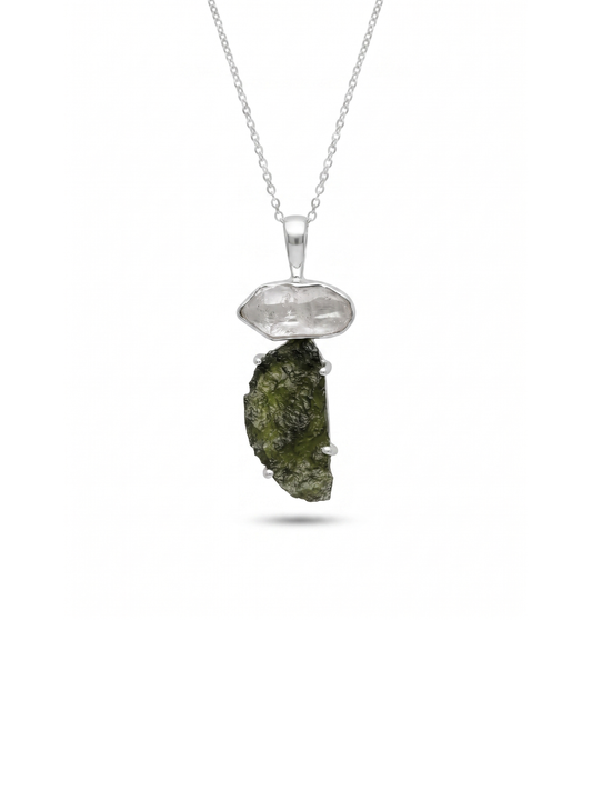 Genuine Moldavite & Herkimer Rough Pendant,  925 Sterling Silver Handmade Pendant, Moldavite Gemstone Pendant, Gift For Women's