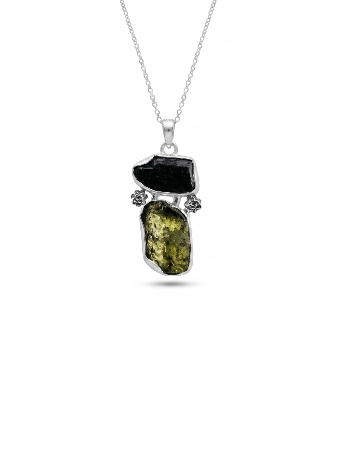 Genuine Moldavite & Black Tourmaline Rough Pendant,  925 Sterling Silver Handmade Pendant, Moldavite Gemstone Pendant, Gift For Women's