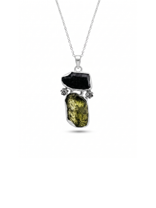 Genuine Moldavite & Black Tourmaline Rough Pendant,  925 Sterling Silver Handmade Pendant, Moldavite Gemstone Pendant, Gift For Women's