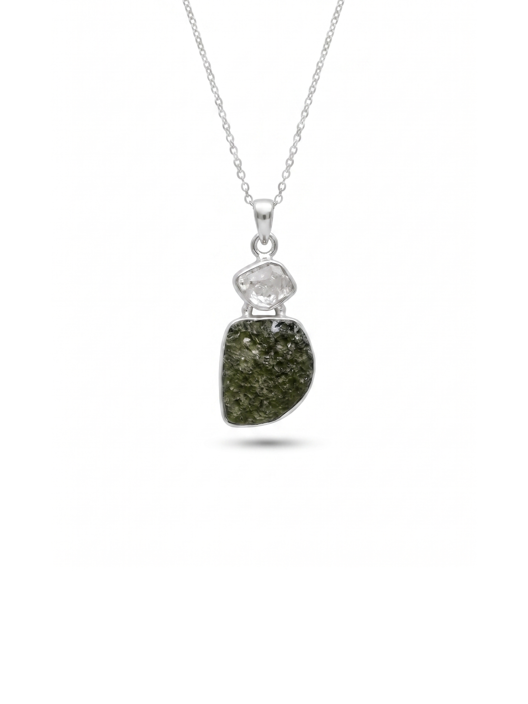 Genuine Moldavite & Herkimer Rough Pendant,  925 Sterling Silver Handmade Pendant, Moldavite Gemstone Pendant, Gift For Women's