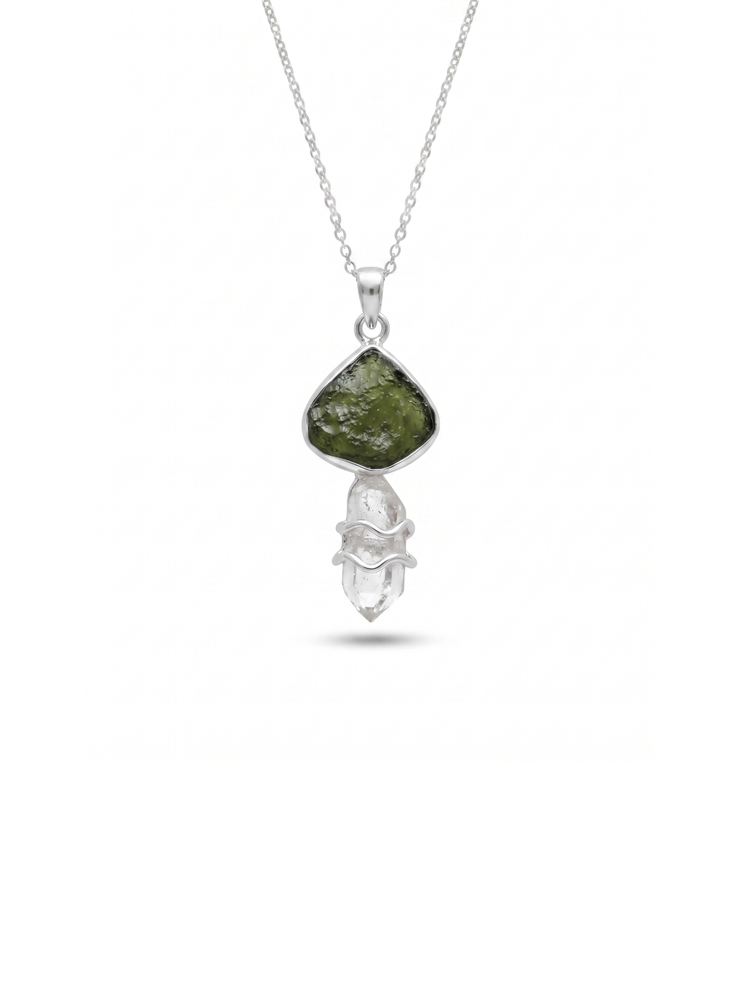 Genuine Moldavite & Herkimer Rough Pendant,  925 Sterling Silver Handmade Pendant, Moldavite Gemstone Pendant, Gift For Women's