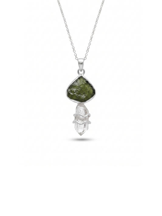 Genuine Moldavite & Herkimer Rough Pendant,  925 Sterling Silver Handmade Pendant, Moldavite Gemstone Pendant, Gift For Women's