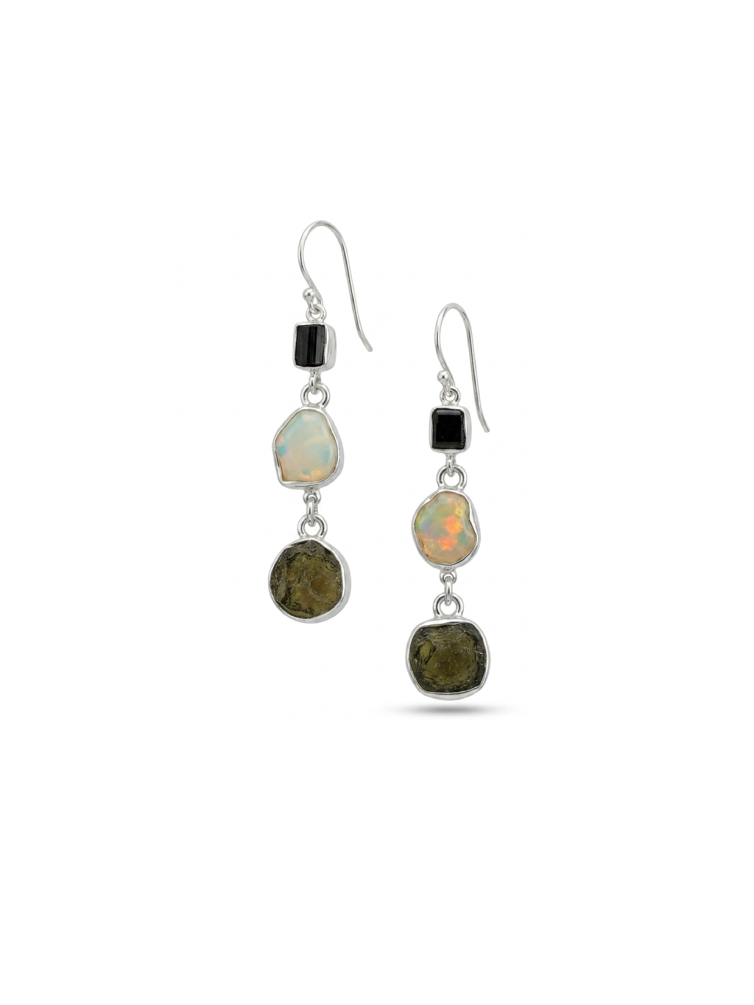 Natural Moldavite Rough & Black Tourmaline, Opal Earrings Gemstone From Czech Republic 925 Solid Sterling Silver Handmade Designer Jewelry