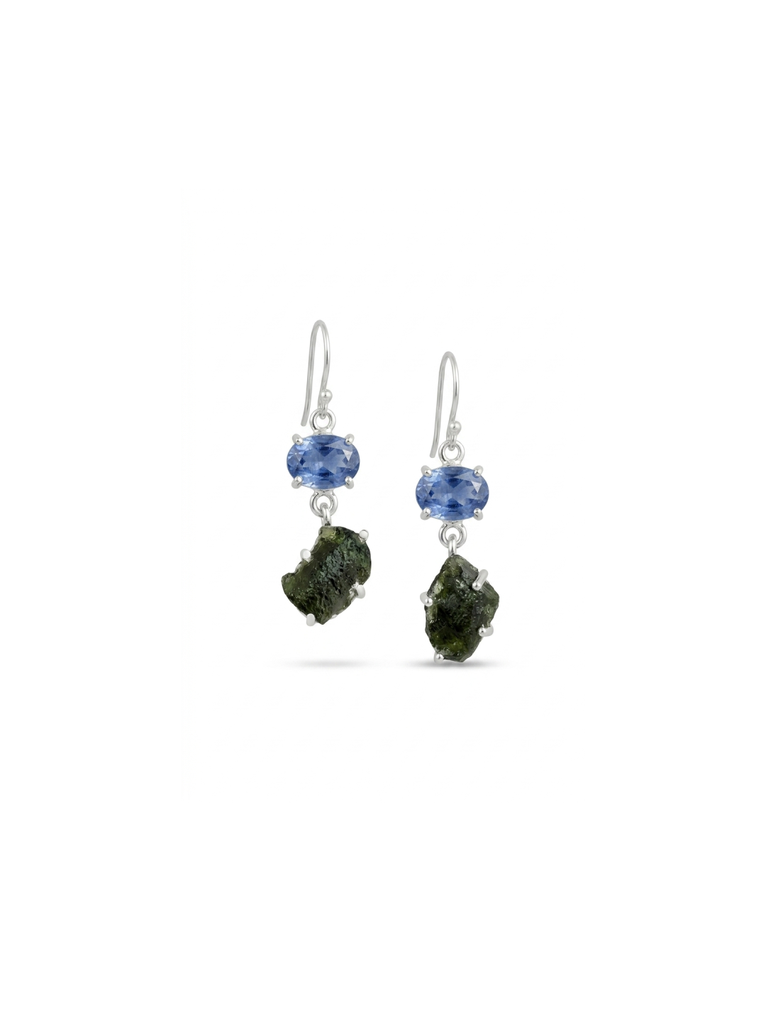 Natural Moldavite Rough Blue Kyanite oval Earrings Gemstone From Czech Republic 925 Solid Sterling Silver Handmade Designer Jewelry