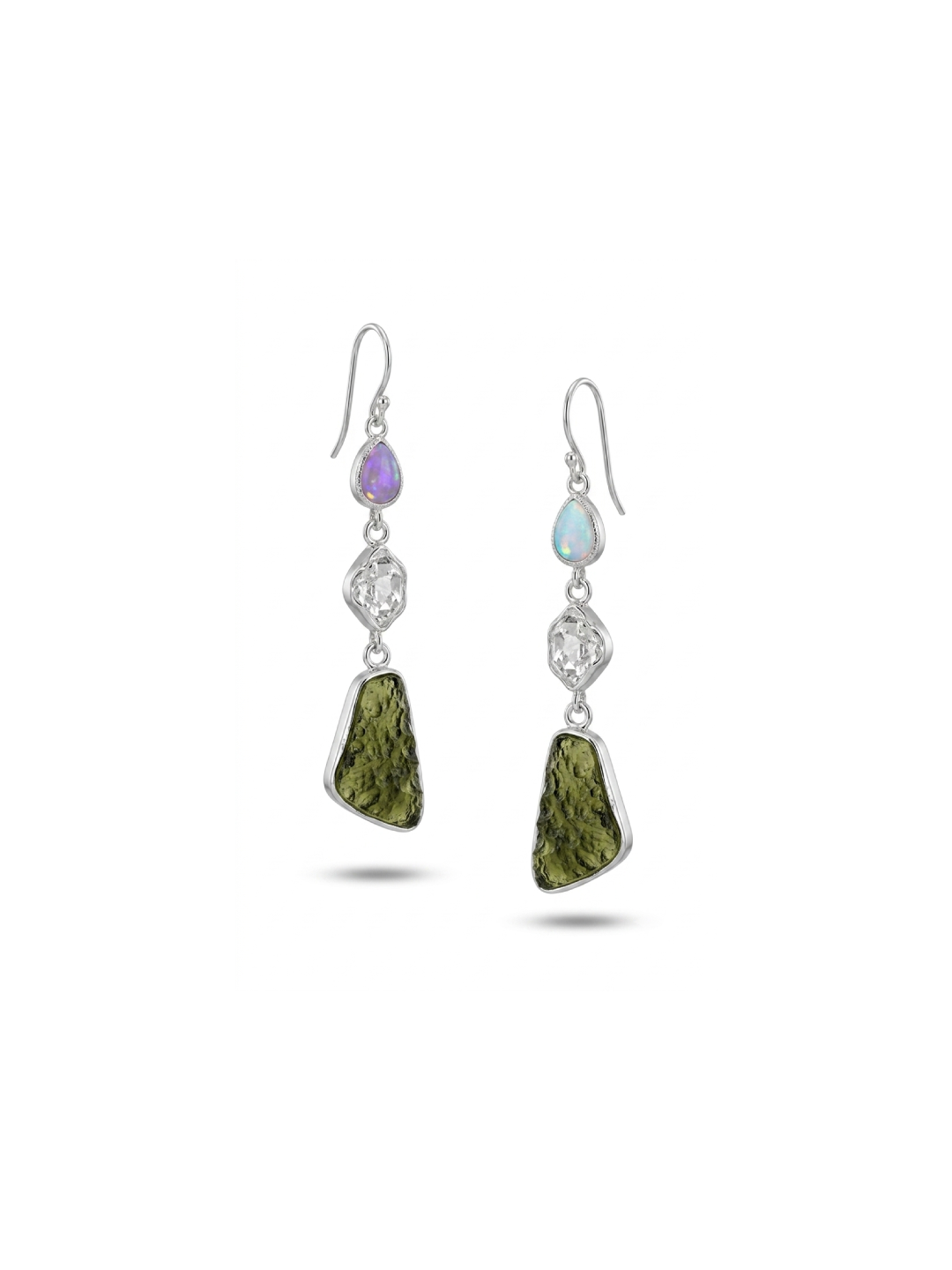 Natural Moldavite Rough & Herkimer Diamond, Opal  Earrings Gemstone From Czech Republic 925 Solid Sterling Silver Handmade Designer Jewelry