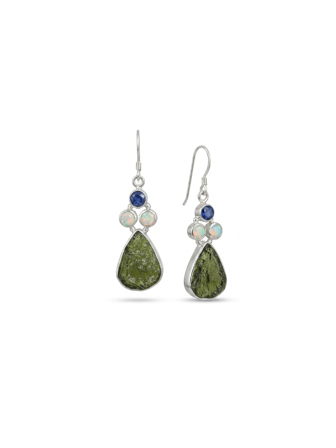 Natural Moldavite Rough & Blue Sapphire, Opal  Earrings Gemstone From Czech Republic 925 Solid Sterling Silver Handmade Designer Jewelry