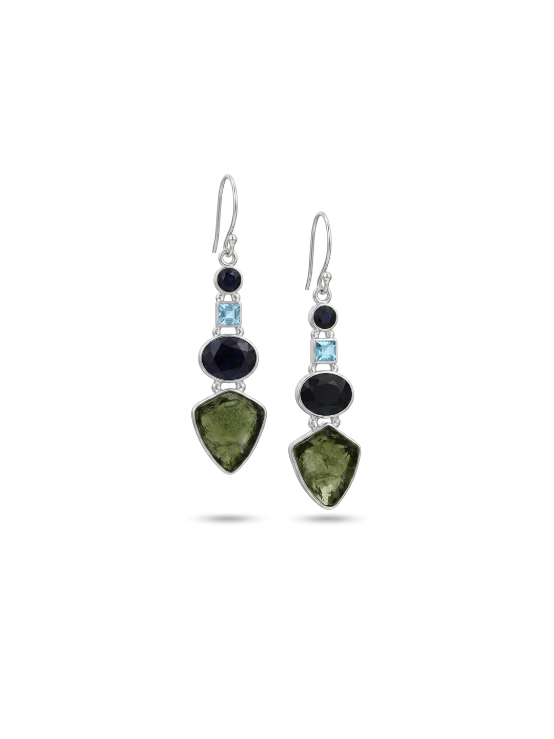Natural Moldavite Rough & Blue Sapphire, Blue Topaz Earring Gemstone From Czech Republic 925 Solid Sterling Silver Handmade Designer Jewelry
