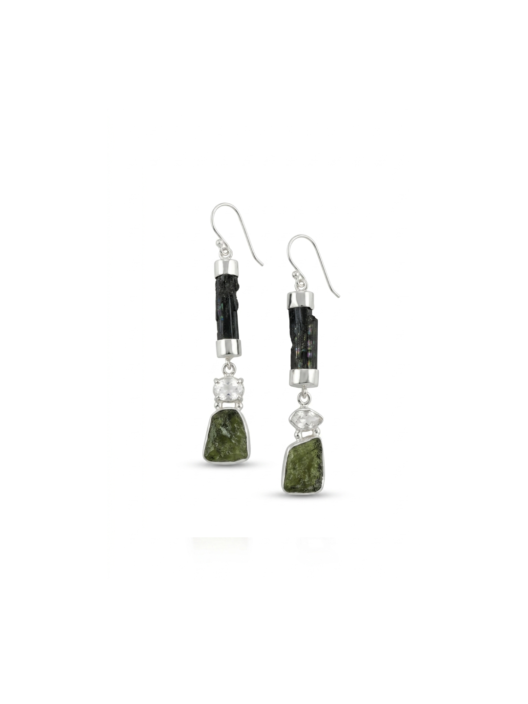 Natural Moldavite Rough & Herkimer Diamond Black Tourmaline Earrings Gemstone From Czech Republic 925 Solid Sterling Silver Handmade Jewelry