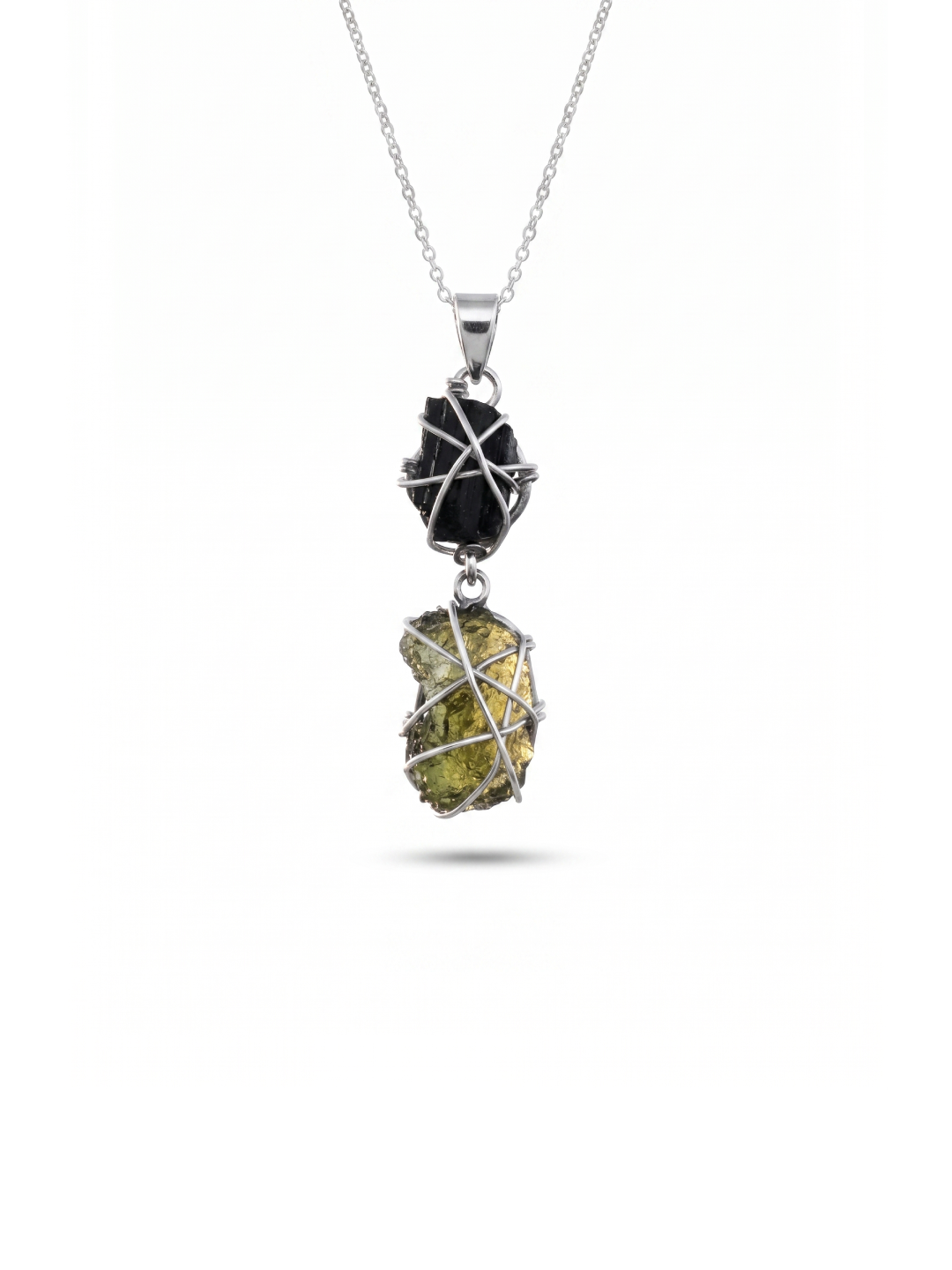 Moldavite Pendant, Black Tourmaline Pendant, Gemstone Pendant, Sterling Silver Pendant, Handmade Pendant, Natural Moldavite