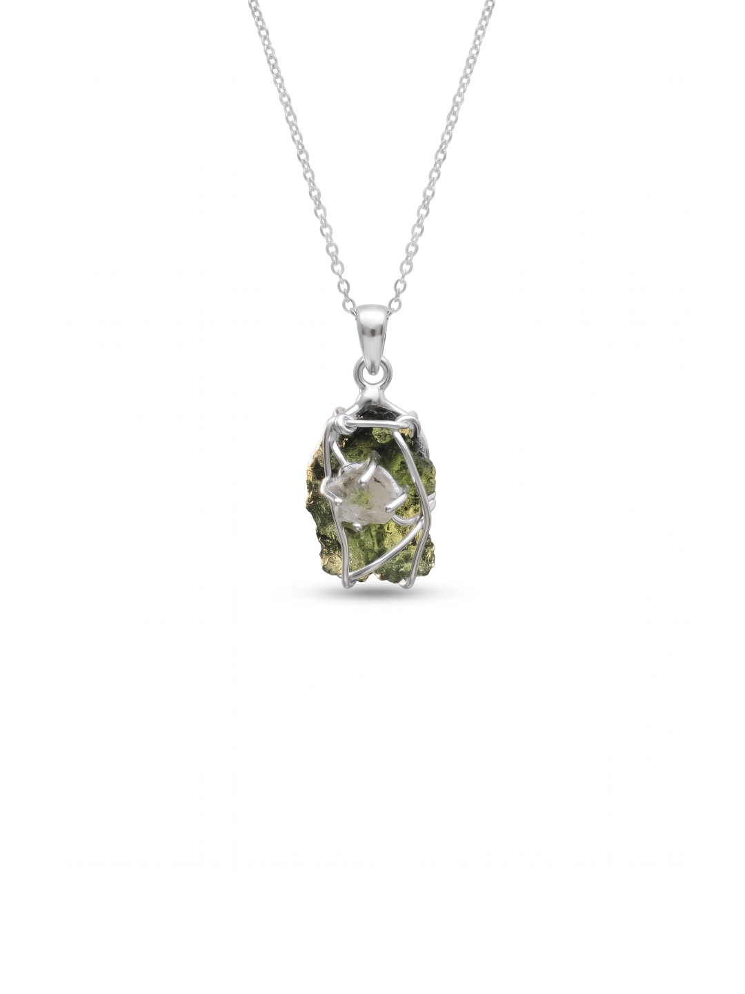 Genuine Moldavite Rough Herkimer Diamond Pendant Natural Gemstone From Czech Republic 925 Sterling Silver Handmade Designer Jewelry