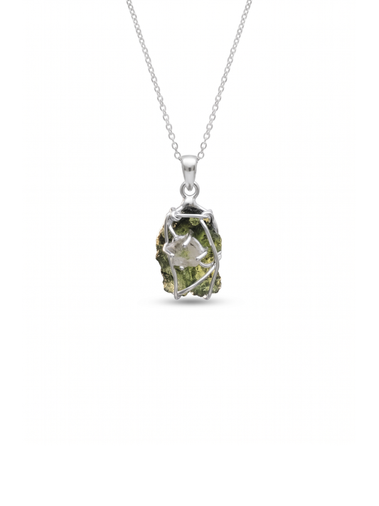 Genuine Moldavite Rough Herkimer Diamond Pendant Natural Gemstone From Czech Republic 925 Sterling Silver Handmade Designer Jewelry