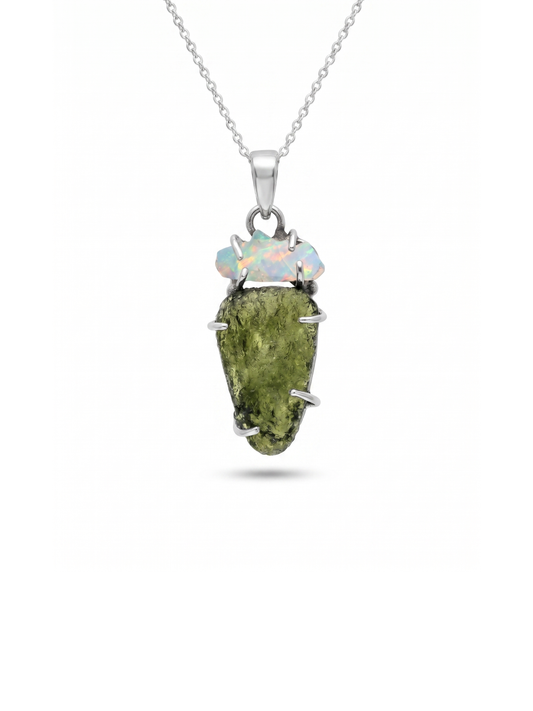 Moldavite Pendant, Czech Moldavite, Opal Pendant, Sterling Silver Pendant, Handmade Pendant, Natural Moldavite