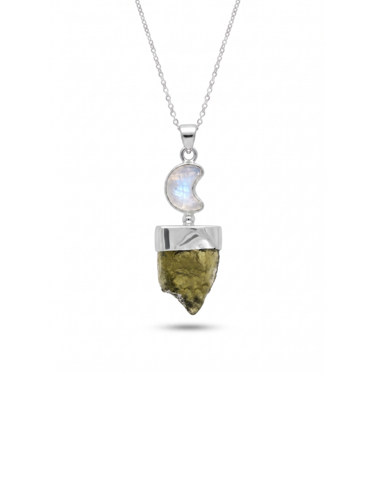 Moldavite Rough Pendant, Silver Handmade Pendant, Moon Shape Moonstone Jewelry, 100% Authentic With Certified Gemstone