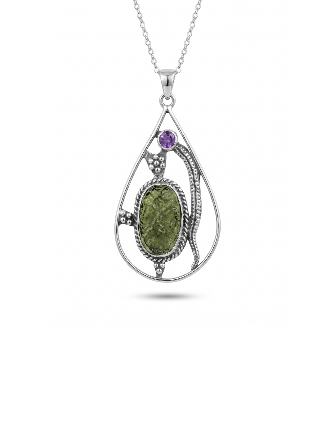 Moldavite Amethyst pendant, genuine gemstone pendant, sterling silver handmade pendant, 100% genuine with certified gemstone