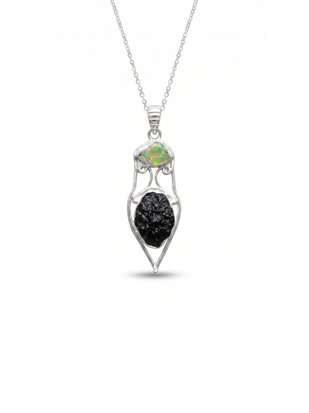 Genuine Moldavite & Opal Rough Pendant,  925 Sterling Silver Handmade Pendant, Moldavite Gemstone Pendant, Gift For Women's