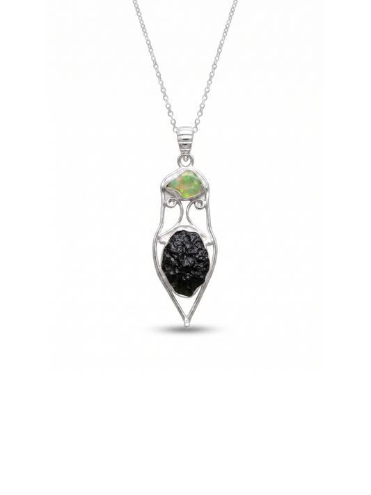 Genuine Moldavite & Opal Rough Pendant,  925 Sterling Silver Handmade Pendant, Moldavite Gemstone Pendant, Gift For Women's