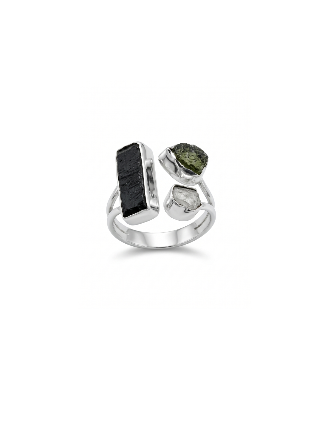 Natural Raw Moldavite, Herkimer &amp; Black Tourmaline Gemstone Ring 925 Solid Sterling Silver Handmade Jewelry Ring Gift For Her