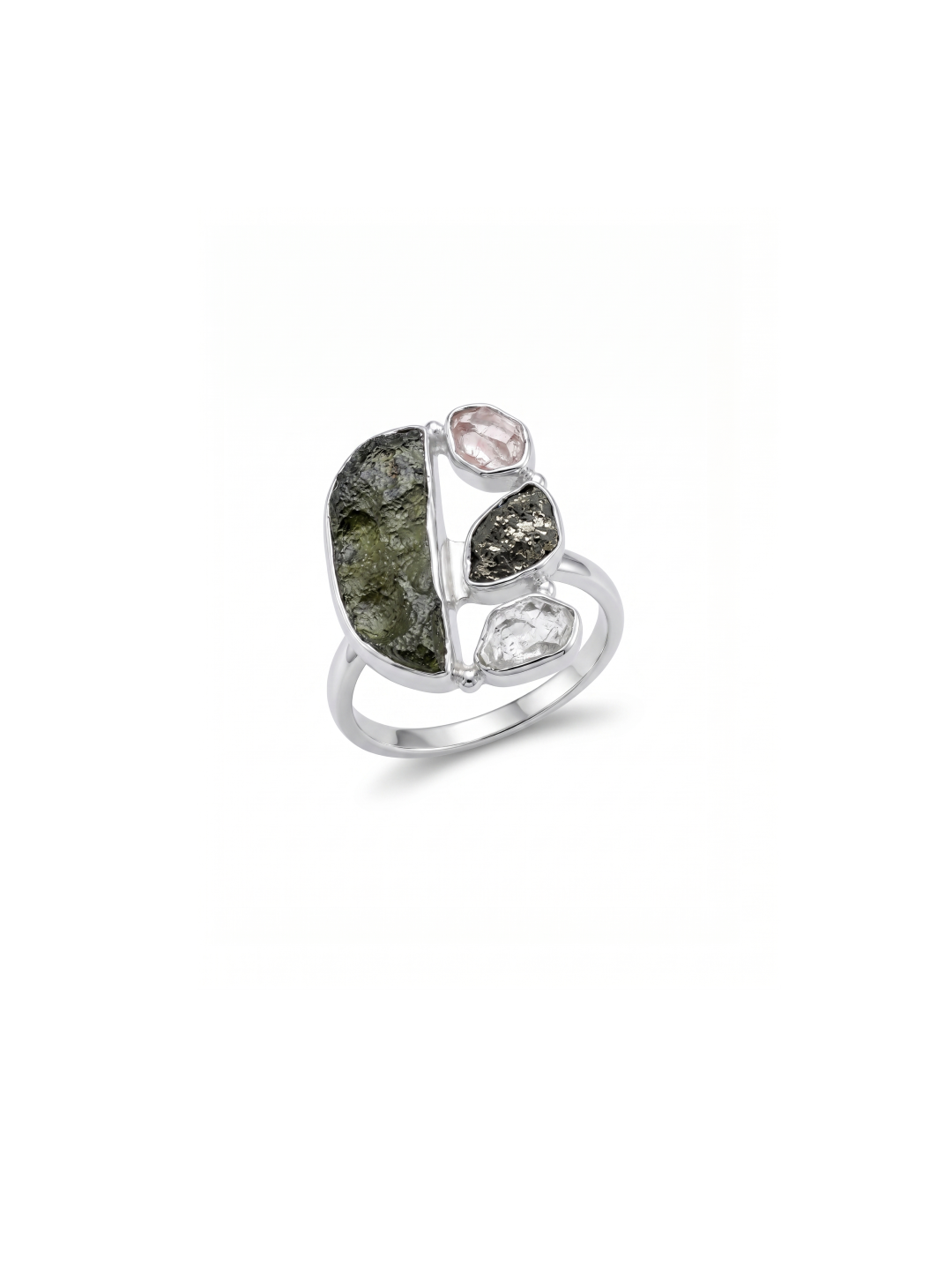 Natural Raw Moldavite, Herkimer Diamond and Meteorite Gemstone Ring 925 Solid Sterling Silver Handmade Jewelry Ring Gift For Mother