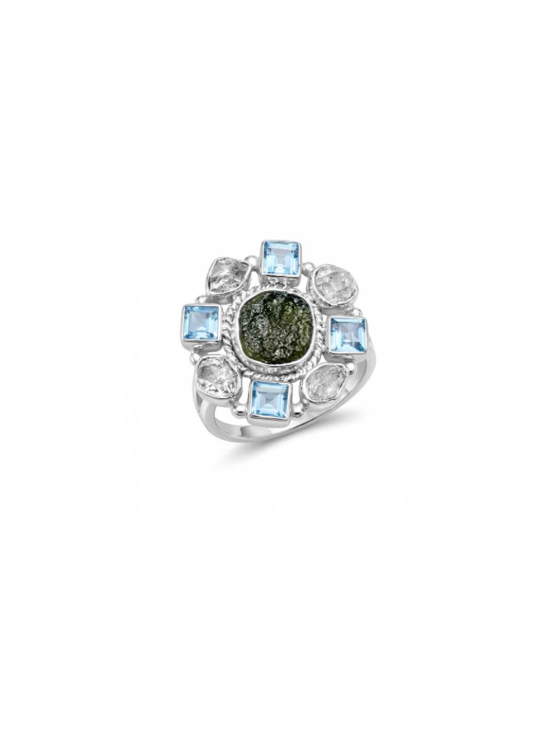 Czech Republic Moldavite Ring , Herkimer Diamond Ring, Natural Gemstone 925 Solid Sterling Silver Handmade Jewelry Ring, Blue Topaz Ring