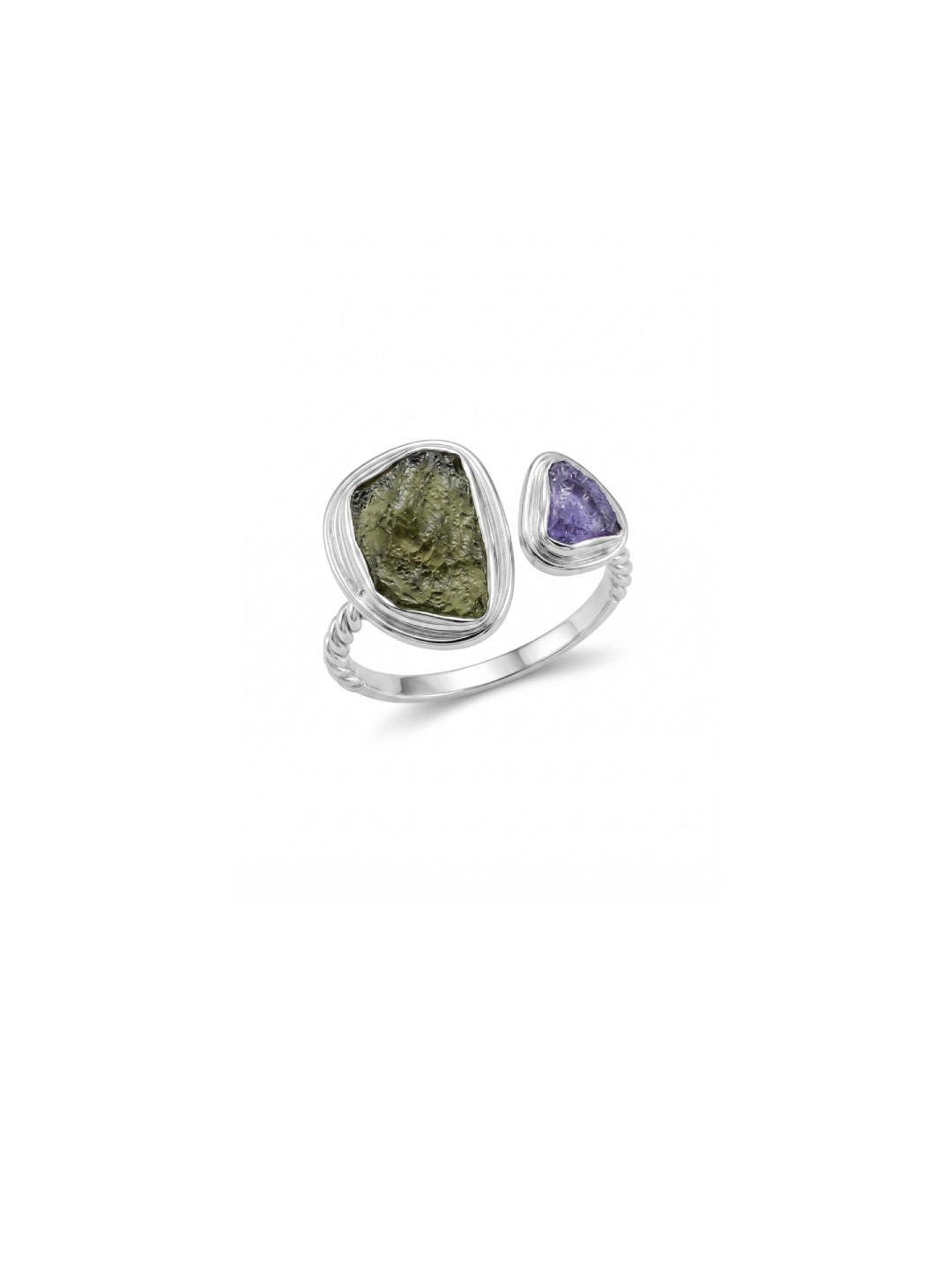Certified Moldavite Ring, Raw Moldavite &amp; Tanzanite Ring, 925 Solid Sterling Silver,Moldavite jewelry, Czech Republic Ring, Adjustable Ring