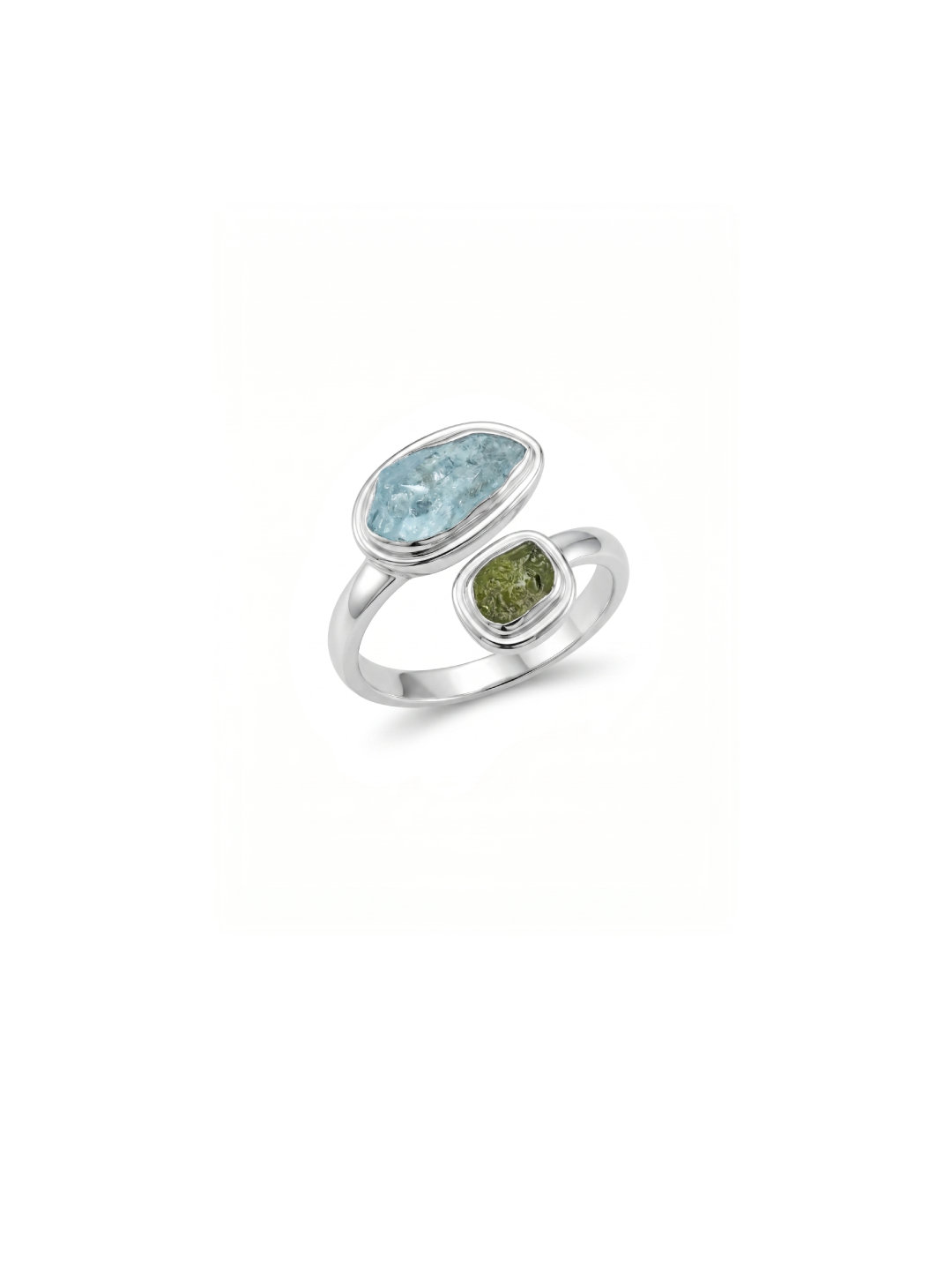 Authentic Czech Republic Moldavite Rough and Aquamarine Gemstone 925 Solid Sterling Silver Handmade Ring Jewelry