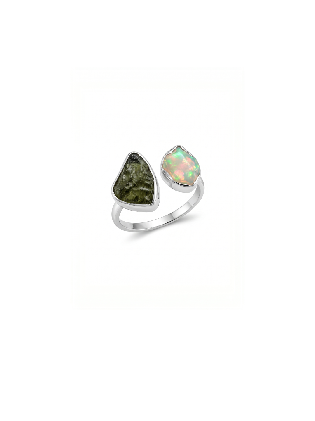 Czech Moldavite , Ethiopian opal Raw Natural Gemstone With Natural Garnet 925 Solid Sterling Silver Handmade Adjustable Ring