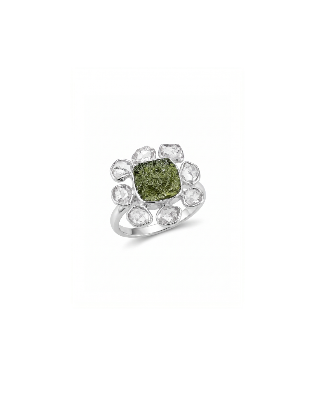 Czech Republic Moldavite Ring , Herkimer Diamond Ring, Natural Gemstone 925 Solid Sterling Silver Handmade Jewelry Ring, Gift For Her