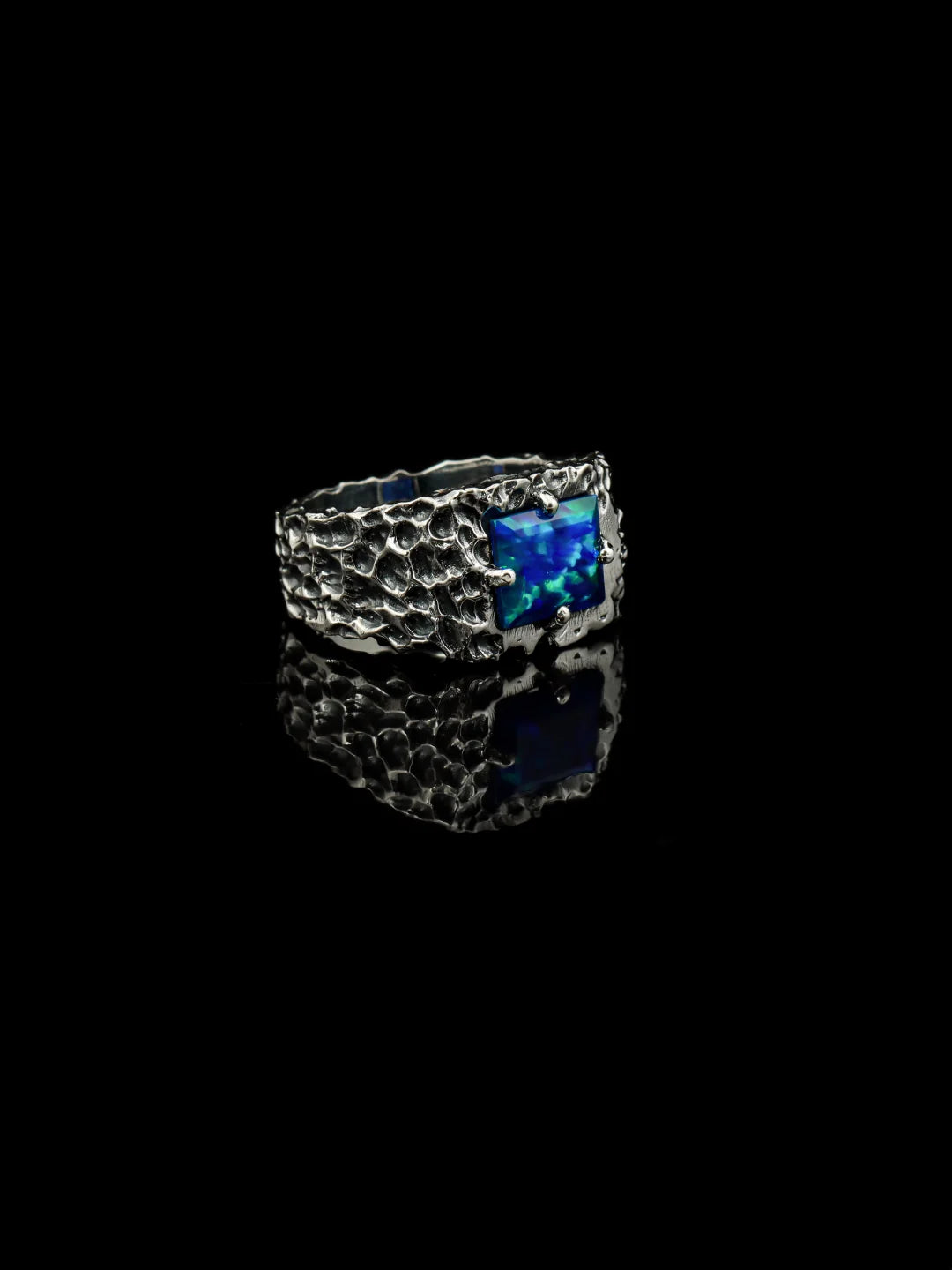 Blue Fire Opal Forge Ring – 925 Sterling Silver