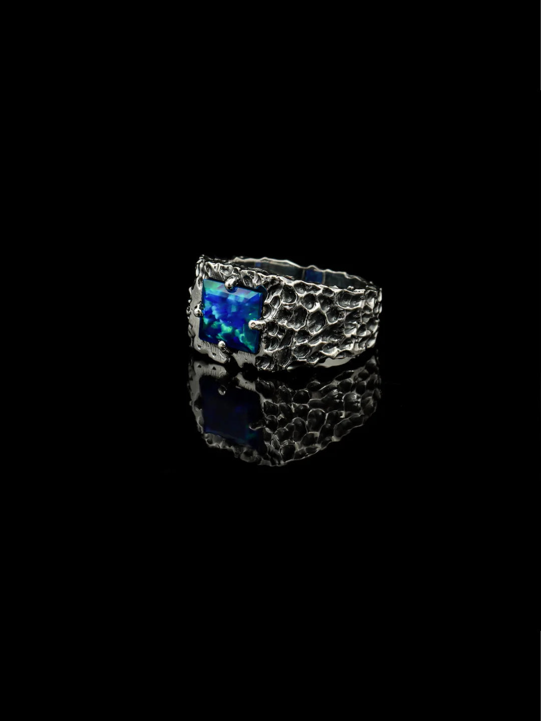 Blue Fire Opal Forge Ring – 925 Sterling Silver