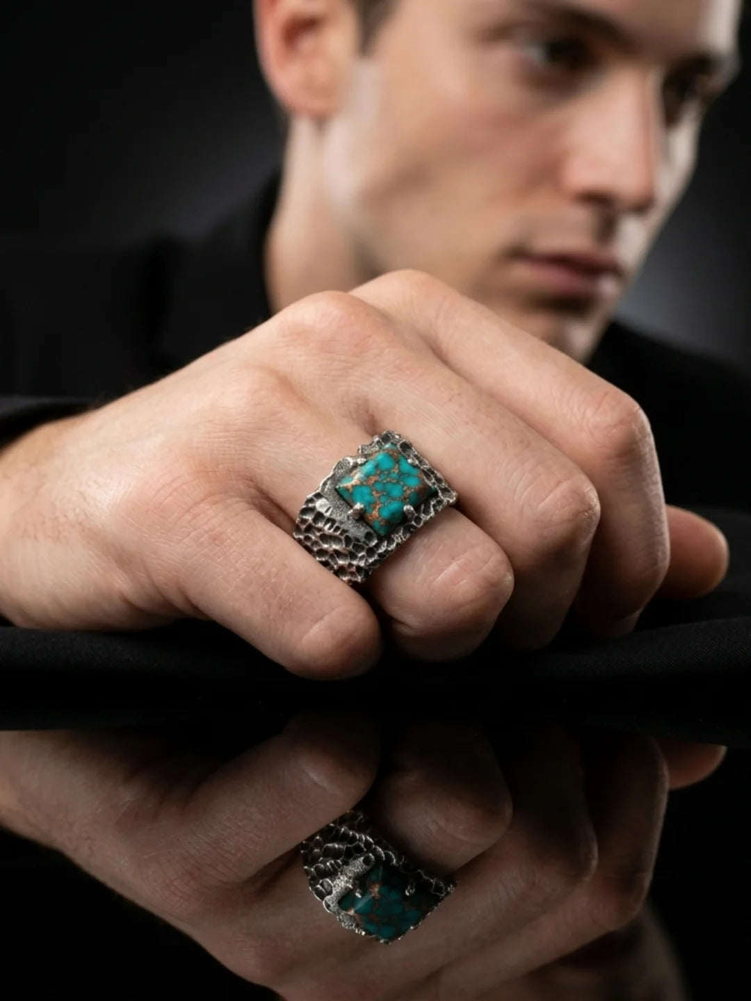 Copper Vein Turqoise Forge Ring - 925 Sterling Silver