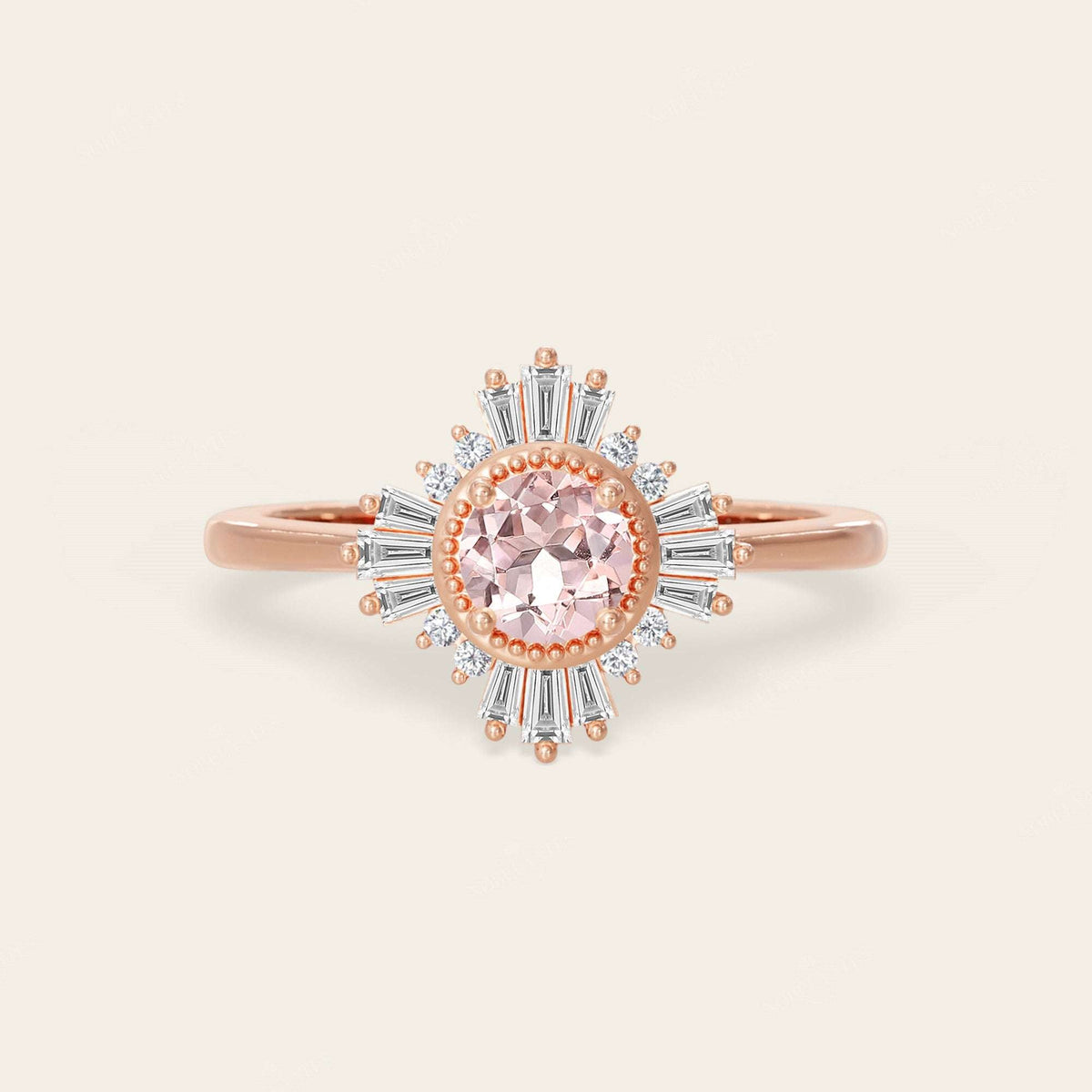 Art Deco Round Orange Pink Morganite Ballerina Engagement Ring