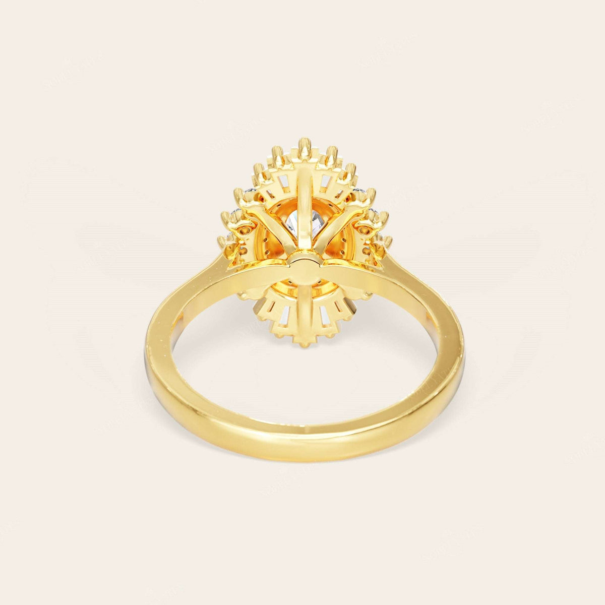 Oval Lab Grown Diamond Starburst Art Deco Halo Engagement Ring