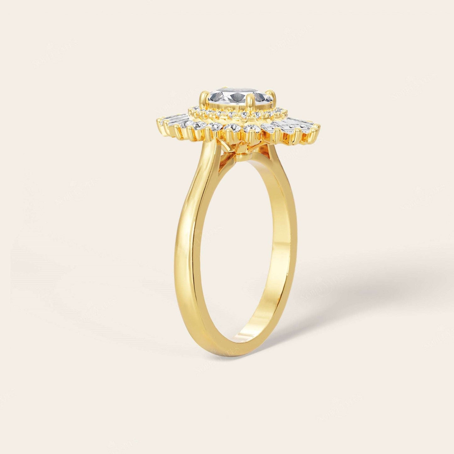 Oval Lab Grown Diamond Starburst Art Deco Halo Engagement Ring