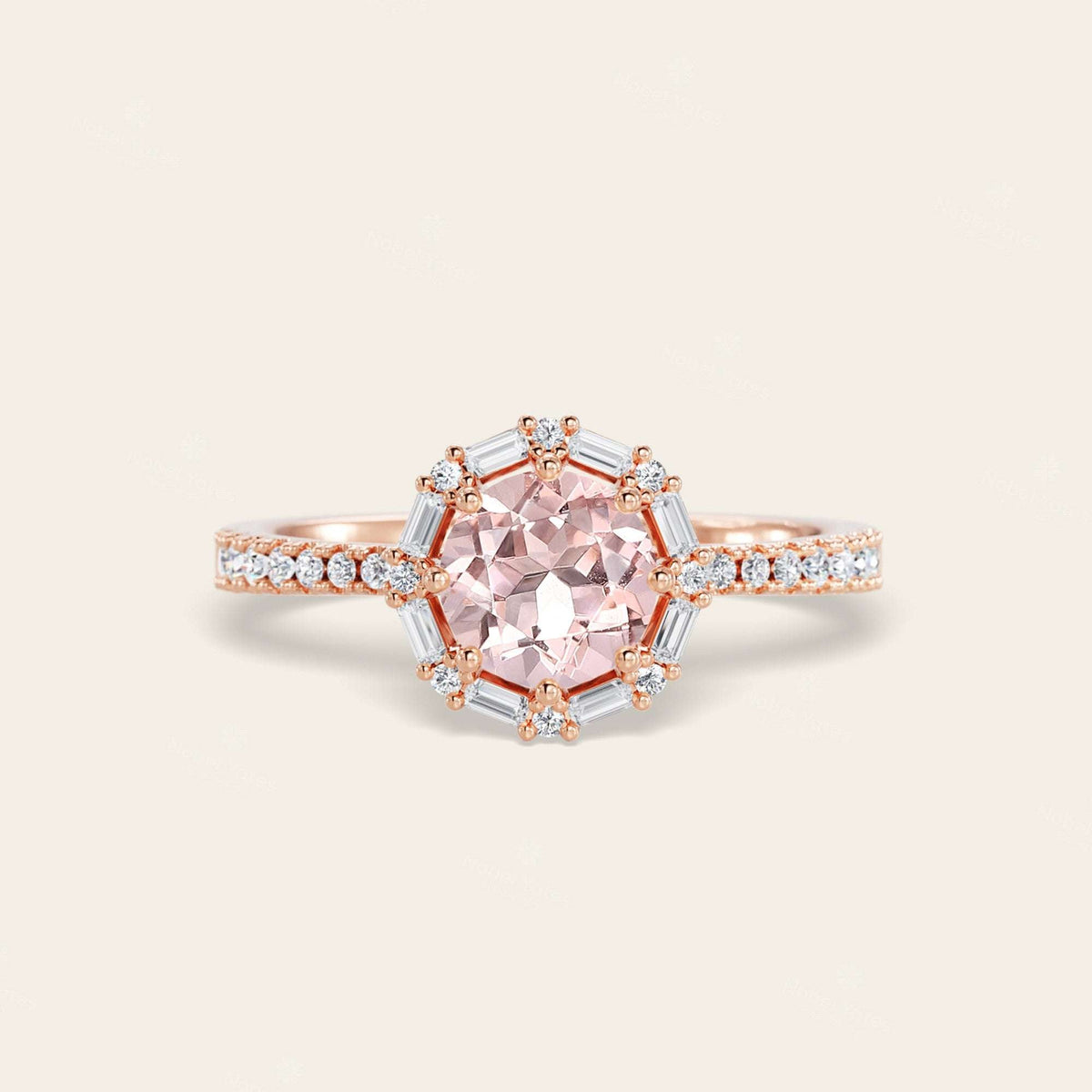 Art Deco Round Pink Morganite Baguette Lab Diamond Halo Ring