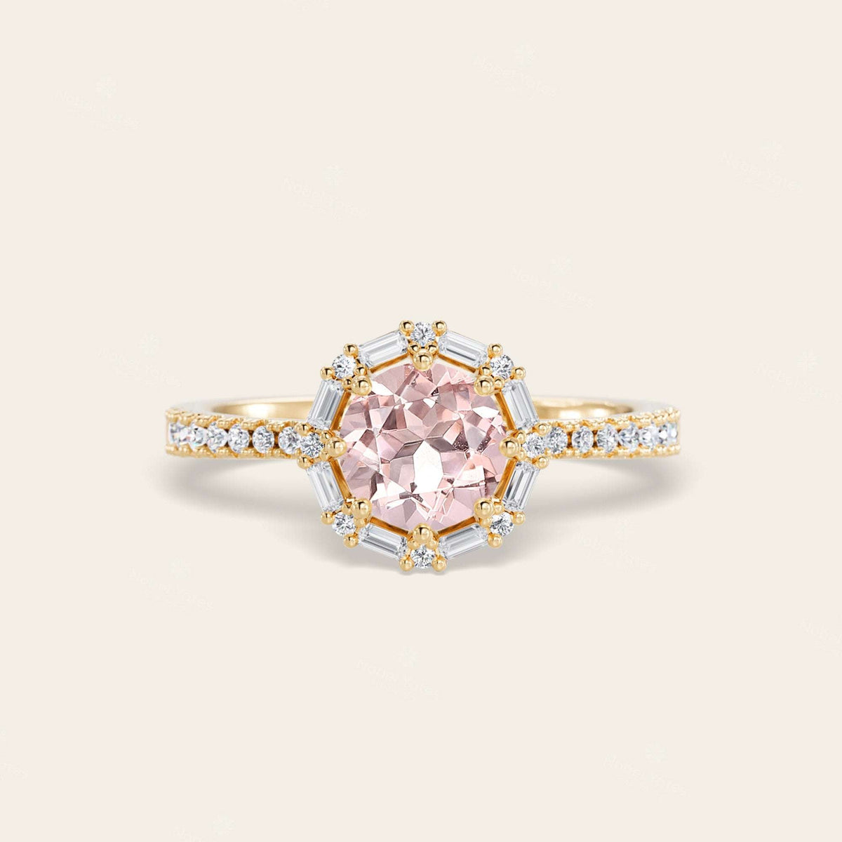Art Deco Round Pink Morganite Baguette Lab Diamond Halo Ring