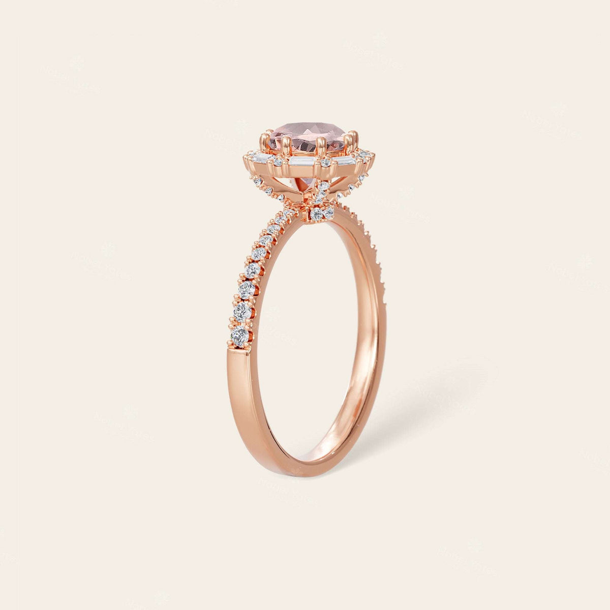 Art Deco Round Pink Morganite Baguette Lab Diamond Halo Ring